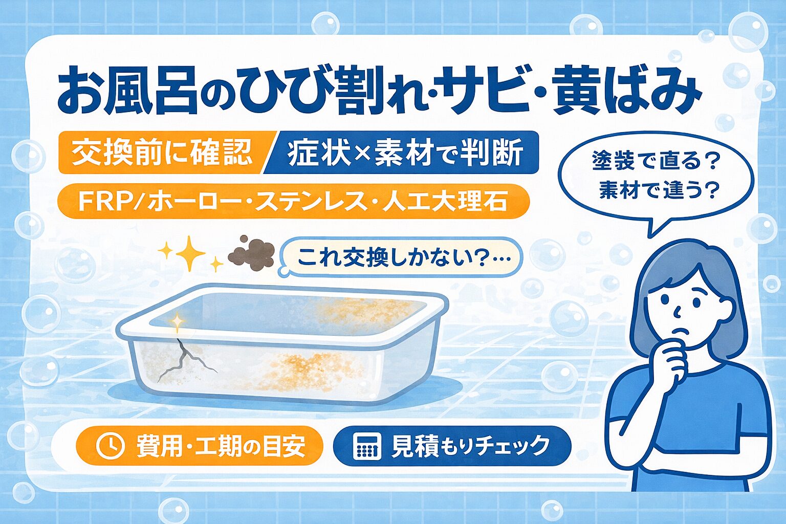 お風呂のひび割れ・サビ・黄ばみは交換前に確認｜症状×素材で分かる補修＋塗装の判断基準